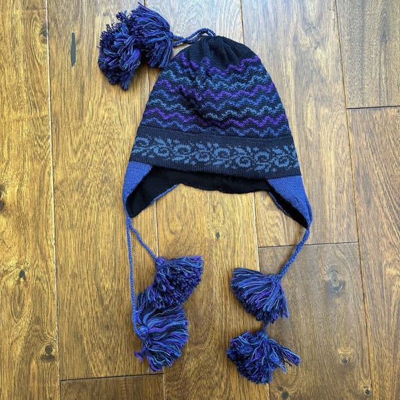 Peruvian Link alpaca winter hat beanie ear flaps pompoms - Picture 2 of 9